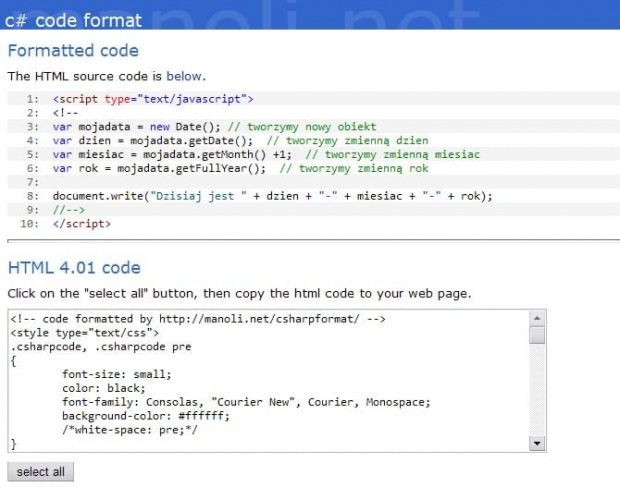 Manoli.net - formatowanie kodu źródłowego